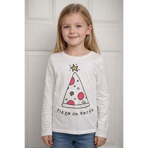 OshKosh Shirt Girls Size 8 Pizza On Earth Long Sleeve White Tee Christmas